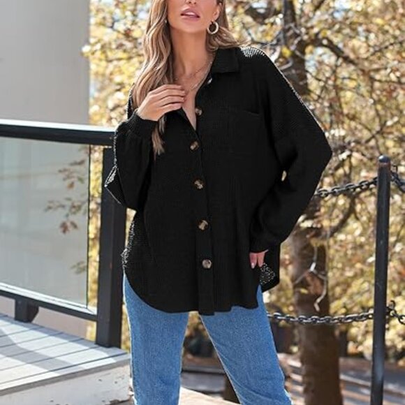 Automet Woman's Sz Large Black Waffle Knit Button Down Long Sleeve Sweater NWOT - Picture 1 of 6